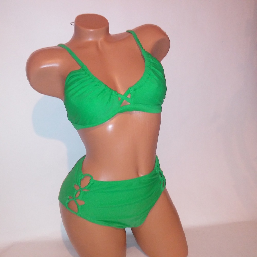 Shade & Shore Swim Bikini Top Medium Top Small Bottom Green Solid Wireless